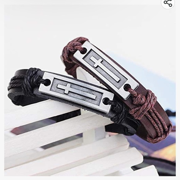 Brown LEATHER Cross Charm Adjustable Bracelet - Picture 4 of 4